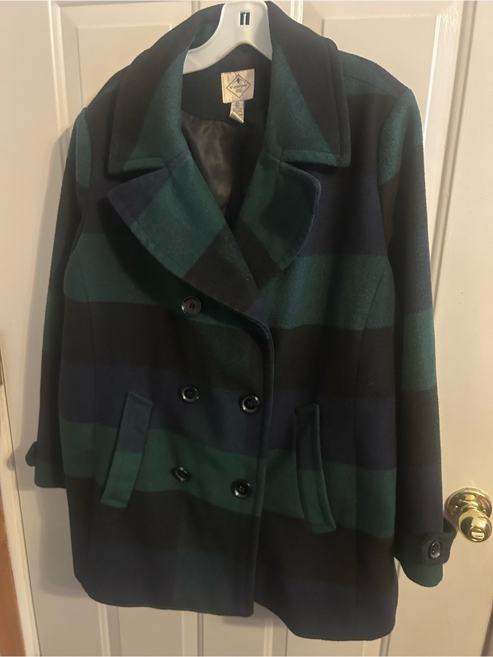 St. John’s Bay Women's Double-Breasted Plaid Peacoat - Green/Black